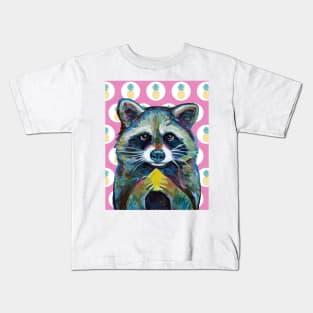 Cute RACCOON with Pineapple Pink Background Kids T-Shirt